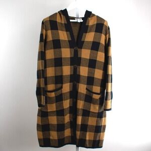 Denim & Co Women's 1X Button Front Hooded Duster Cardigan Buffalo Plaid